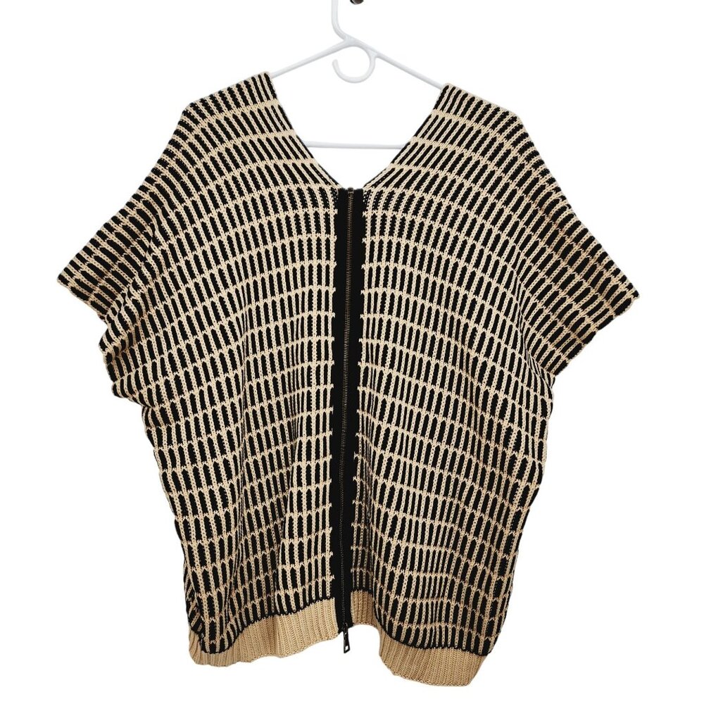 Free People Poncho Sweater Womens V -Neck Knit zipper back Black & Beige S/P - Picture 3 of 13